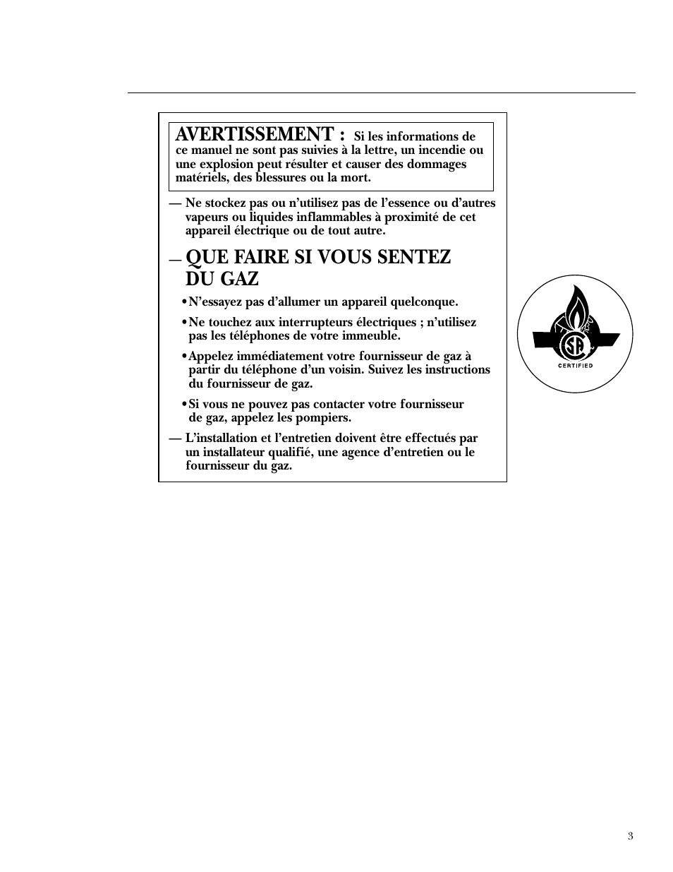 Que faire si vous sentez du gaz, Avertissement | GE ZGU375NS User Manual | Page 3 / 20