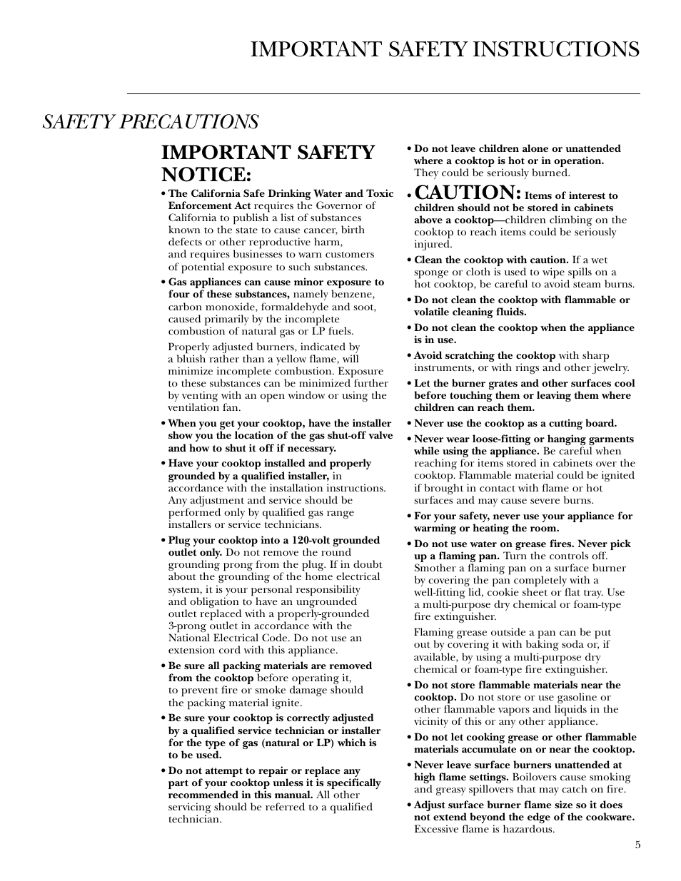 Safety instructions, Safety instructions , 3, 5–8, Important safety instructions | Safety precautions important safety notice, Caution | GE ZGU375NS User Manual | Page 5 / 20