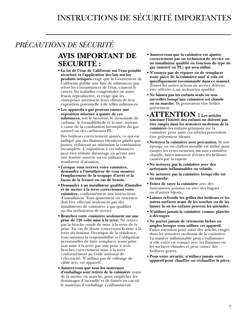 Instructions de sécurité importantes, Précautions de sécurité avis important de sécurité, Attention | GE ZGU375NS User Manual | Page 7 / 20
