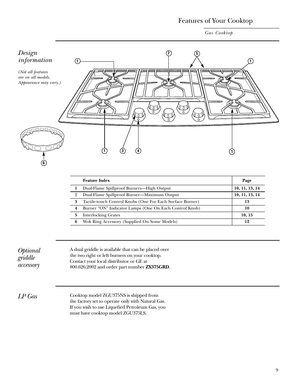 Features, Lp gas, Optional griddle accessory | Lp gas optional griddle accessory, Features of your cooktop, Design information | GE ZGU375NS User Manual | Page 9 / 20