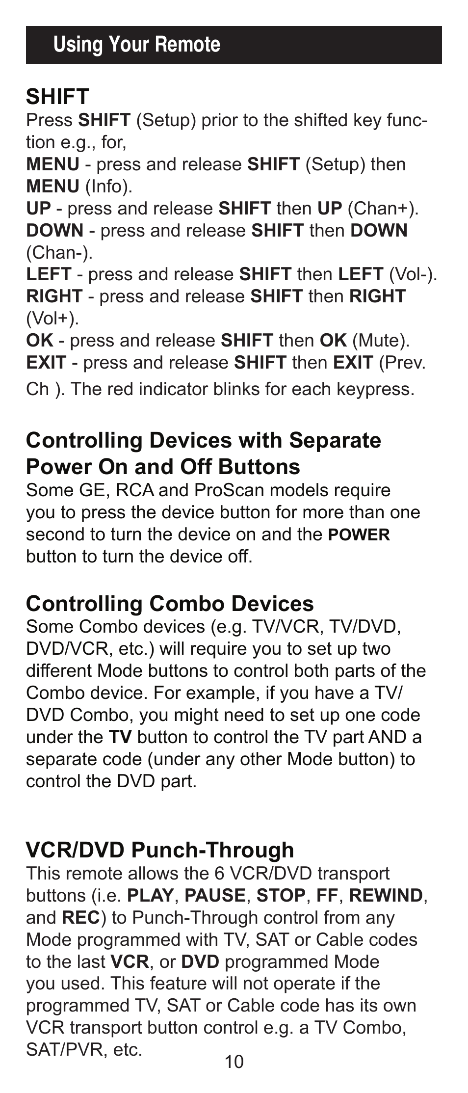 Using your remote shift, Controlling combo devices, Vcr/dvd punch-through | GE 24991 User Manual | Page 10 / 16