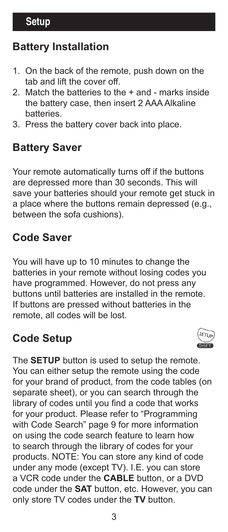 Battery installation, Battery saver, Code saver | Code setup, Setup | GE 24991 User Manual | Page 3 / 16