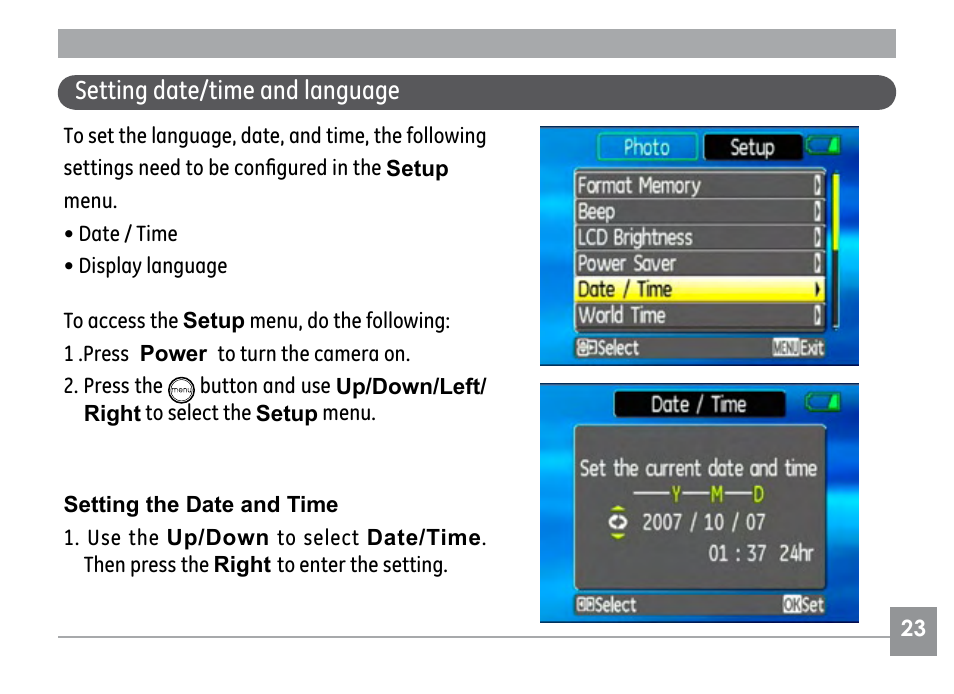 Setting date/time and language | GE E840S User Manual | Page 27 / 106