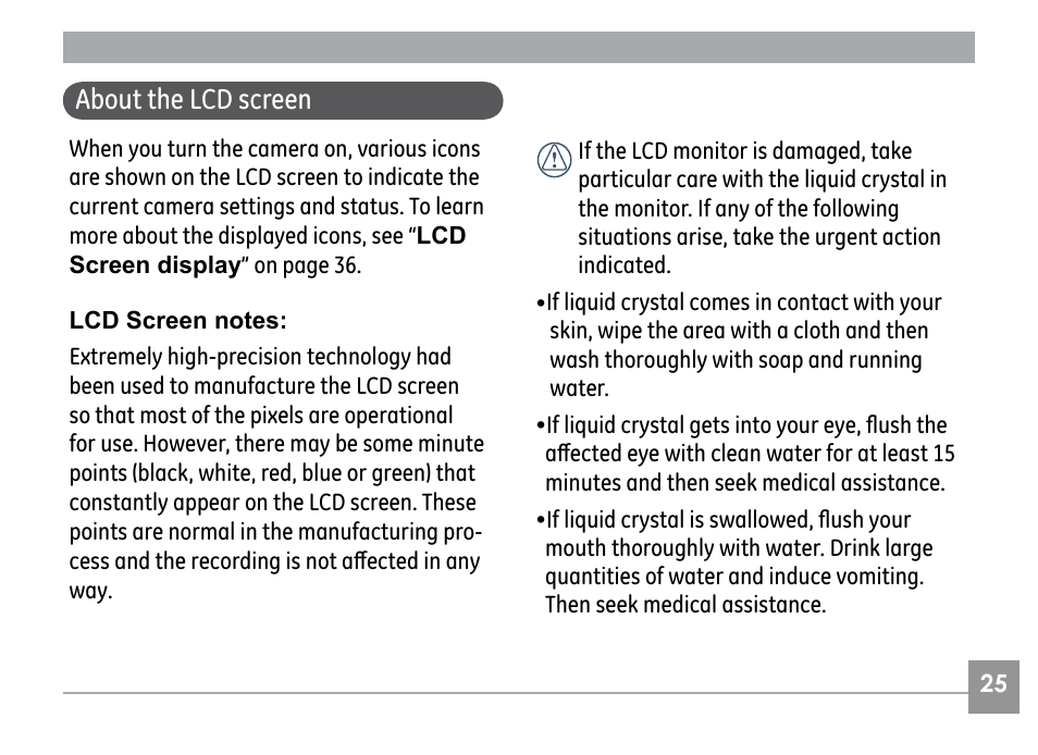 About the lcd screen | GE E840S User Manual | Page 29 / 106