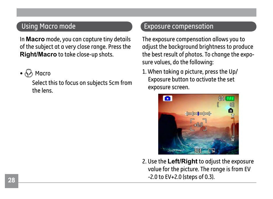 Using macro mode, Exposure compensation | GE E840S User Manual | Page 32 / 106