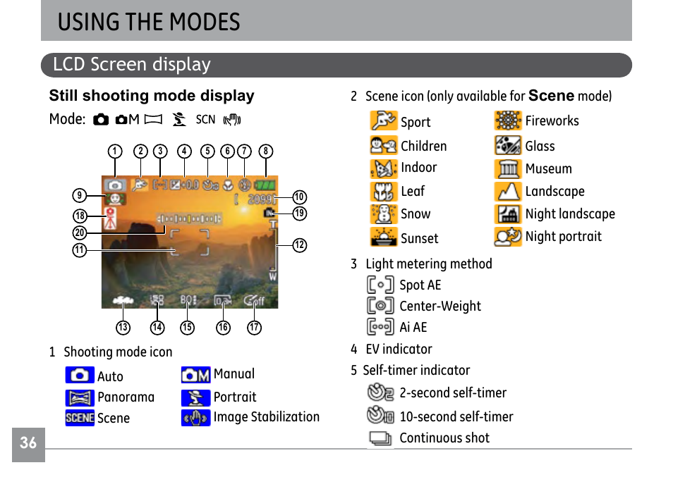 Using the modes, Lcd screen display, Still shooting mode display mode | Scene | GE E840S User Manual | Page 40 / 106