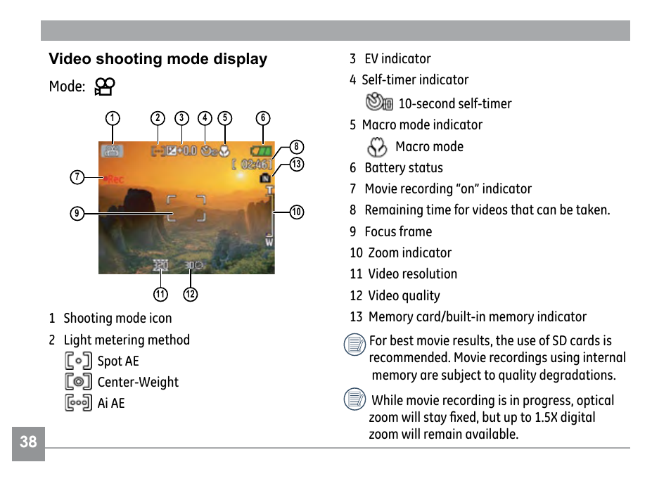 Video shooting mode display mode | GE E840S User Manual | Page 42 / 106