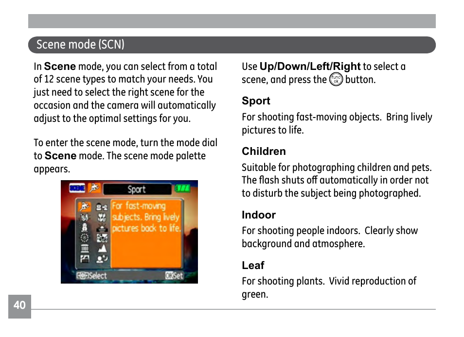 Scene mode (scn) | GE E840S User Manual | Page 44 / 106