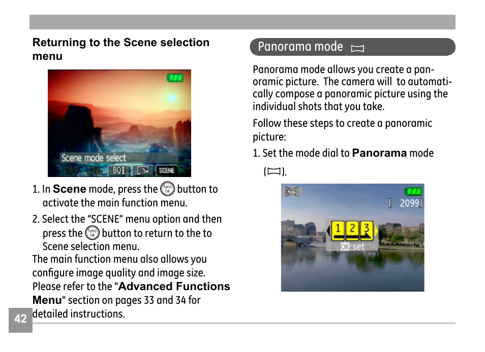 Panorama mode | GE E840S User Manual | Page 46 / 106