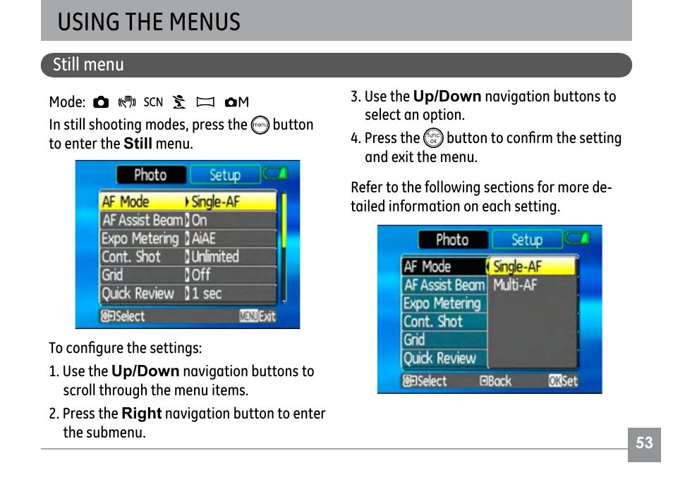 Using the menus, Still menu | GE E840S User Manual | Page 57 / 106