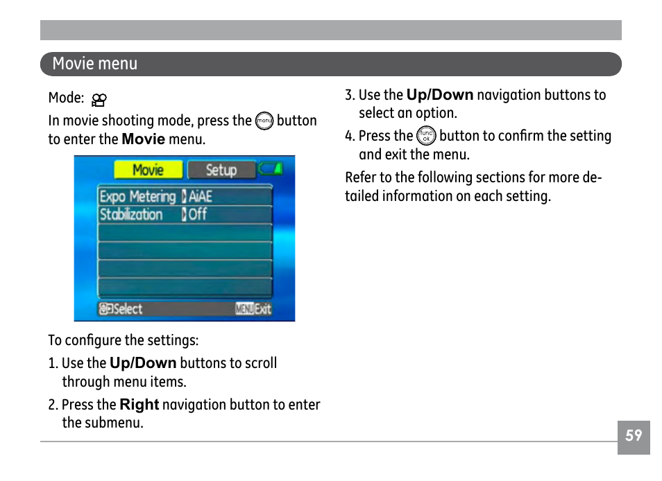 Movie menu | GE E840S User Manual | Page 63 / 106
