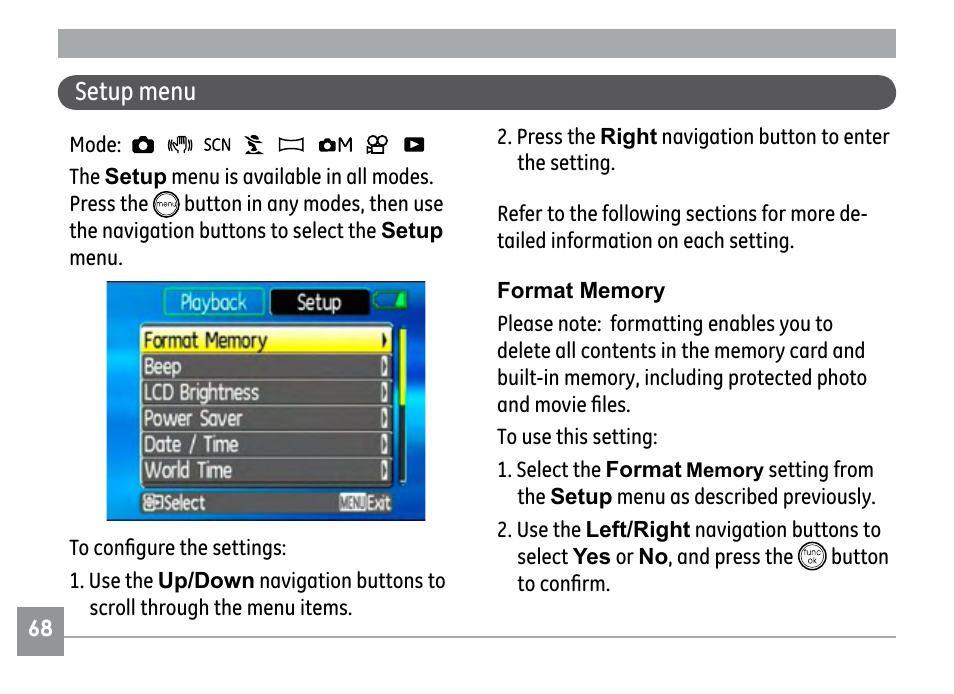 Setup menu | GE E840S User Manual | Page 72 / 106