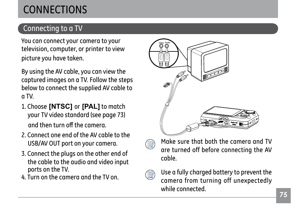 Connections, Connecting to a tv | GE E840S User Manual | Page 79 / 106