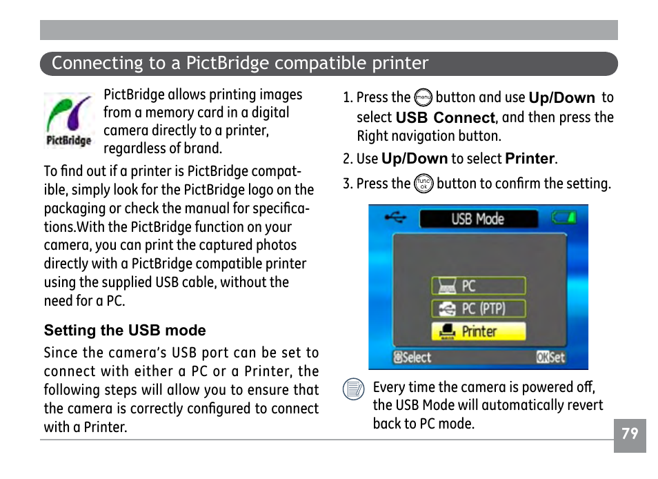 Connecting to a pictbridge compatible printer | GE E840S User Manual | Page 83 / 106
