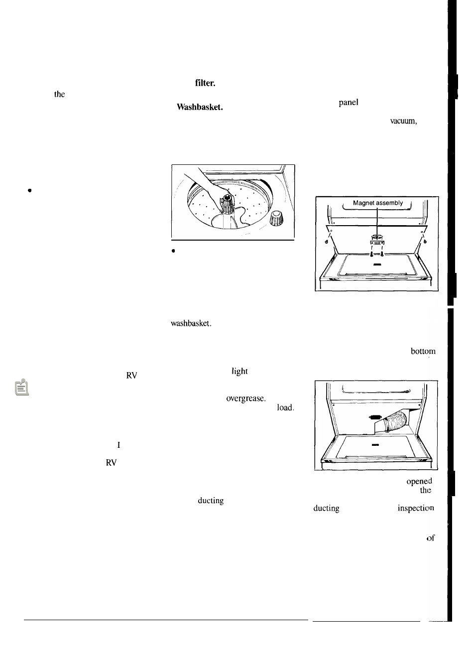 Care and cleaning, User maintenance instructions 25, Vacation tips | Agitator, Front access panel, User maintenance instructions, Washer, Dryer | GE Spacemaker WSM2400L User Manual | Page 25 / 28