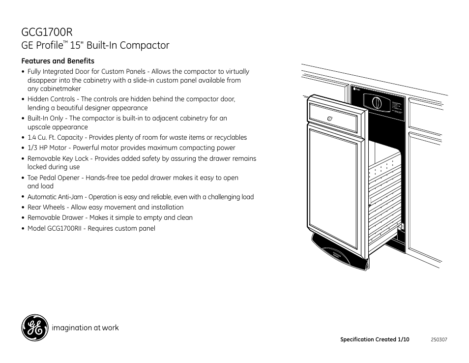 Gcg1700r, Ge profile, 15" built-in compactor | GE GCG1700LII User Manual | Page 2 / 2