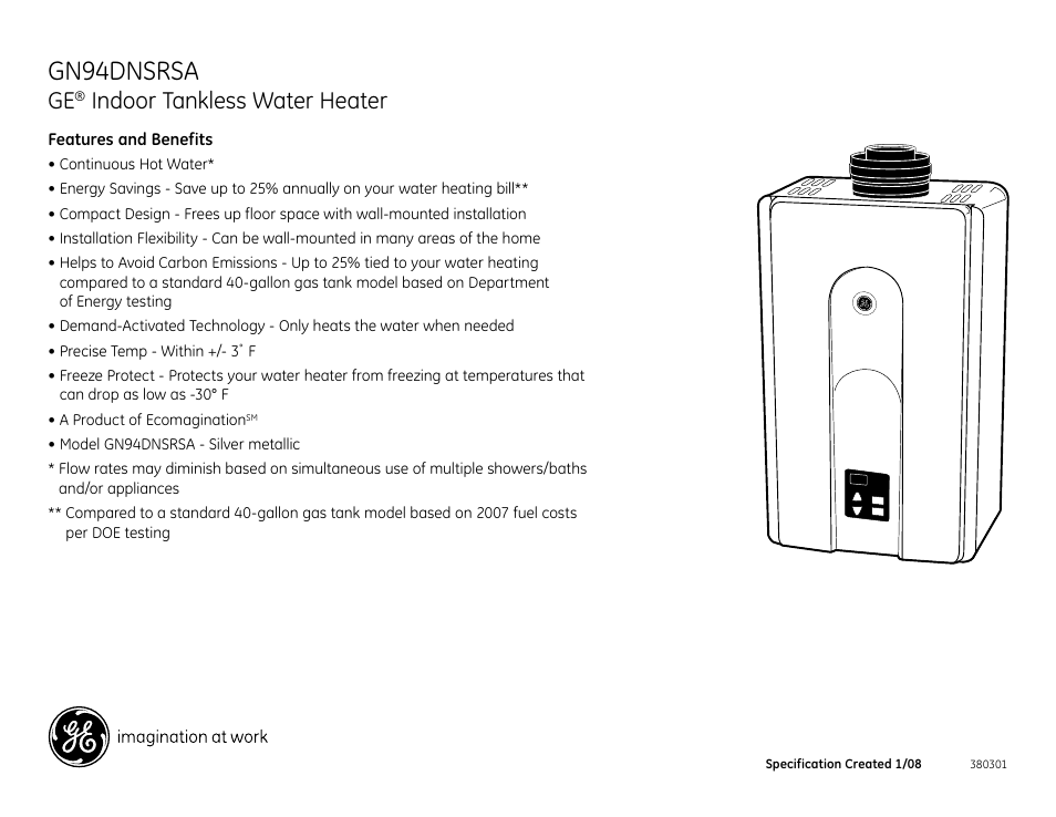 Gn94dnsrsa, Gn94dnt, Indoor tankless water heater | GE GN94DNSRSA User Manual | Page 5 / 5