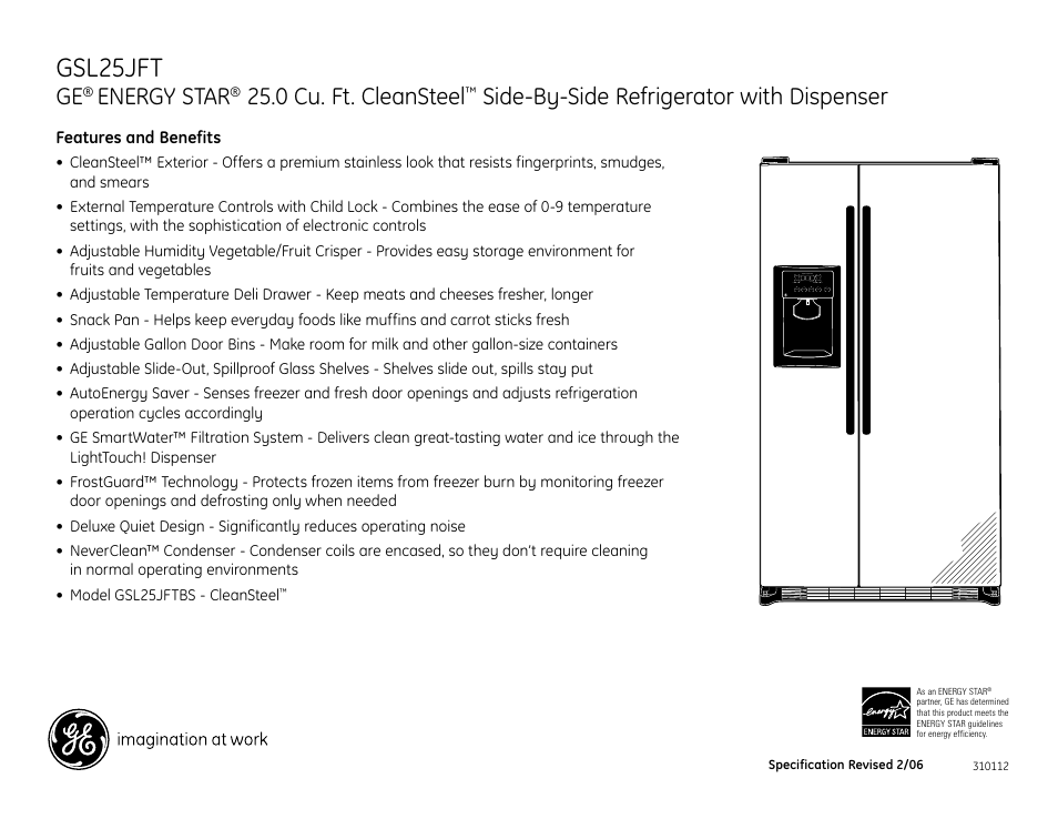 Gsl25jft, Energy star, 0 cu. ft. cleansteel | Side-by-side refrigerator with dispenser | GE ENERGYSTAR GSL25JFT User Manual | Page 2 / 2