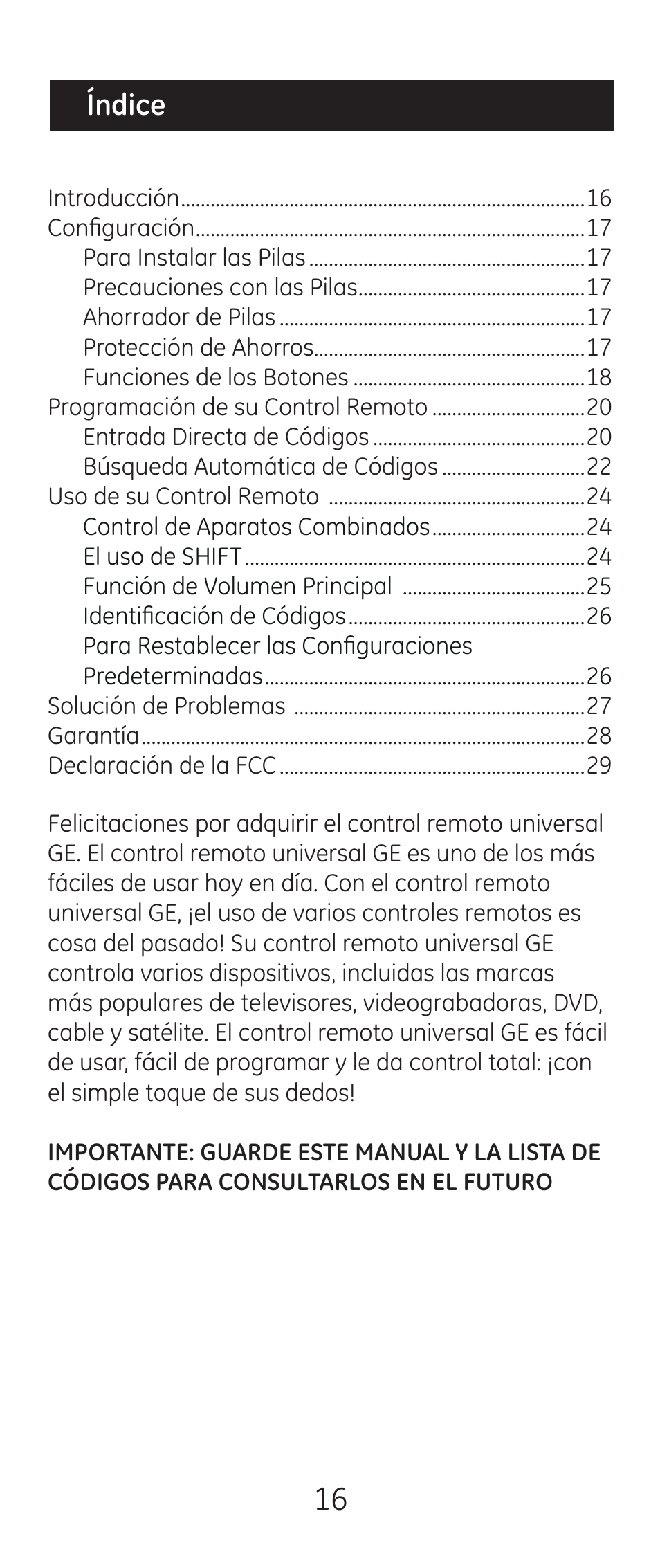 Índice | GE 24938 User Manual | Page 16 / 44