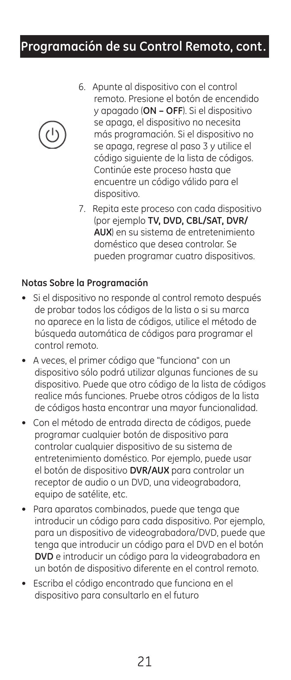 Programación de su control remoto, cont | GE 24938 User Manual | Page 21 / 44