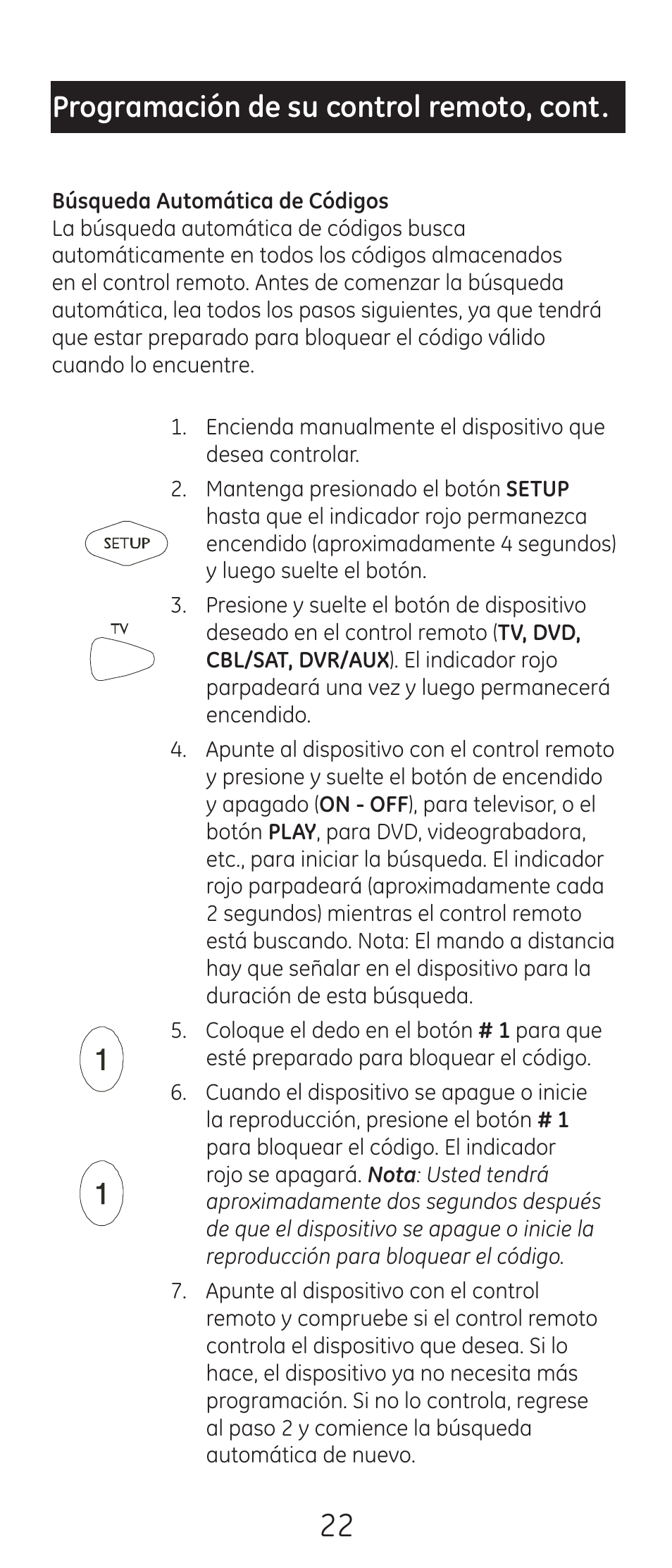 Programación de su control remoto, cont | GE 24938 User Manual | Page 22 / 44