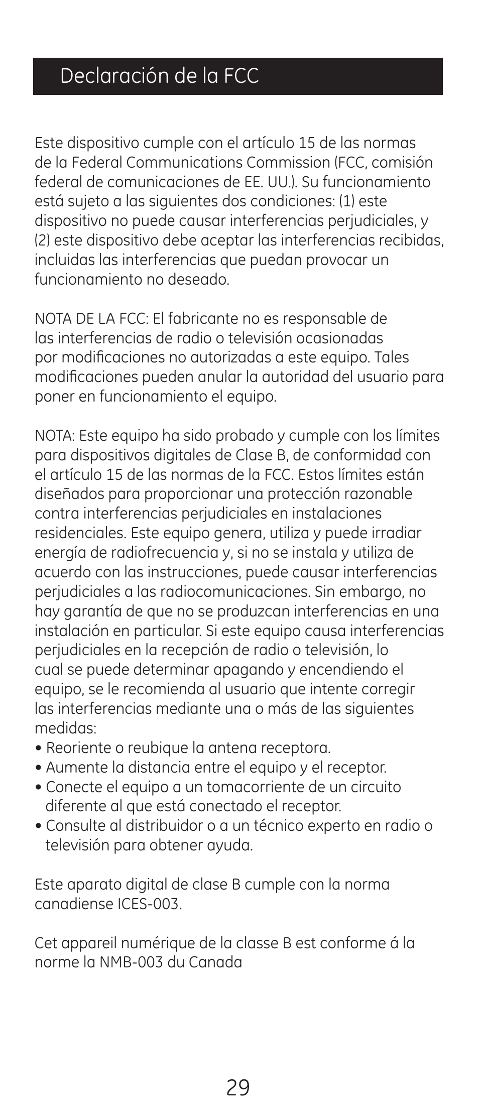 Declaración de la fcc | GE 24938 User Manual | Page 29 / 44