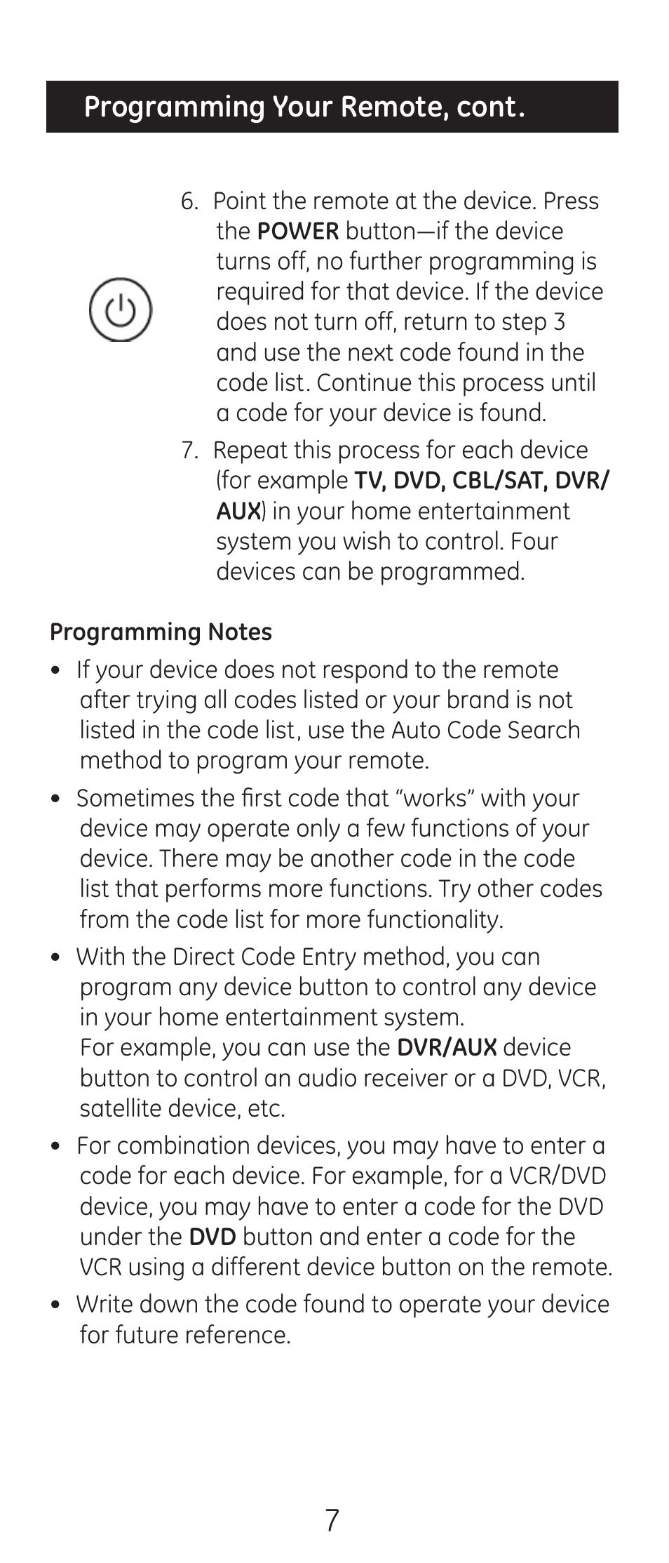 Programming your remote, cont | GE 24938 User Manual | Page 7 / 44