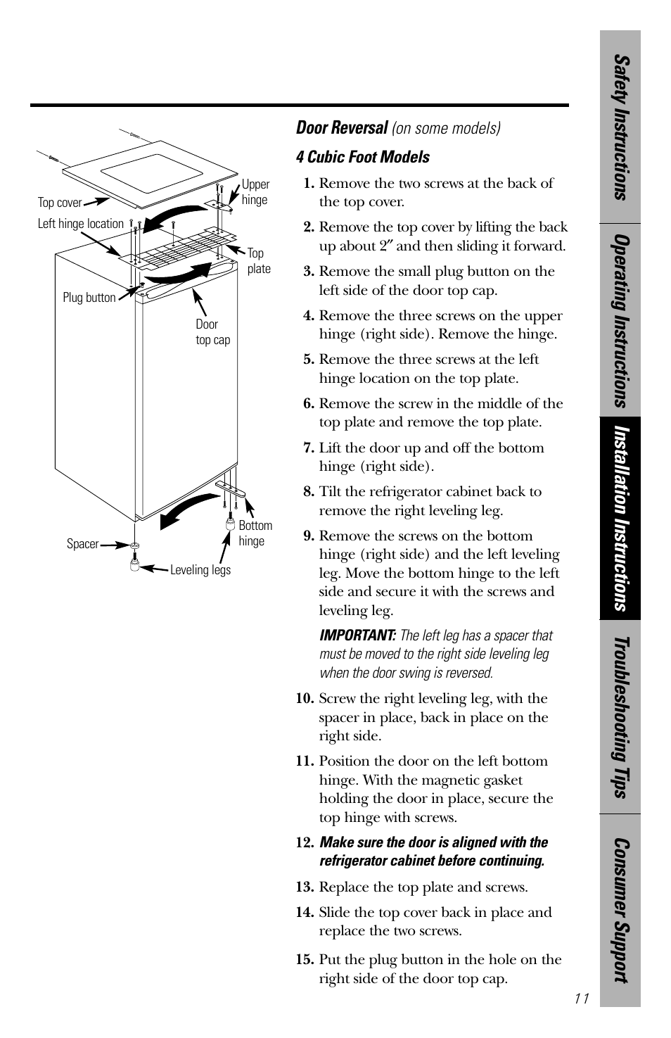 Door reversal | GE 2 Cubic Foot User Manual | Page 11 / 16