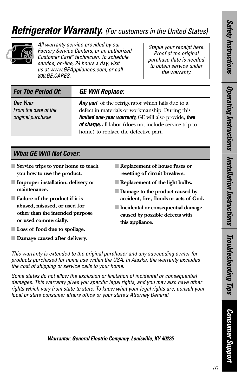 Warranty, Refrigerator warranty, For customers in the united states) | For the period of: ge will replace, What ge will not cover | GE 2 Cubic Foot User Manual | Page 15 / 16