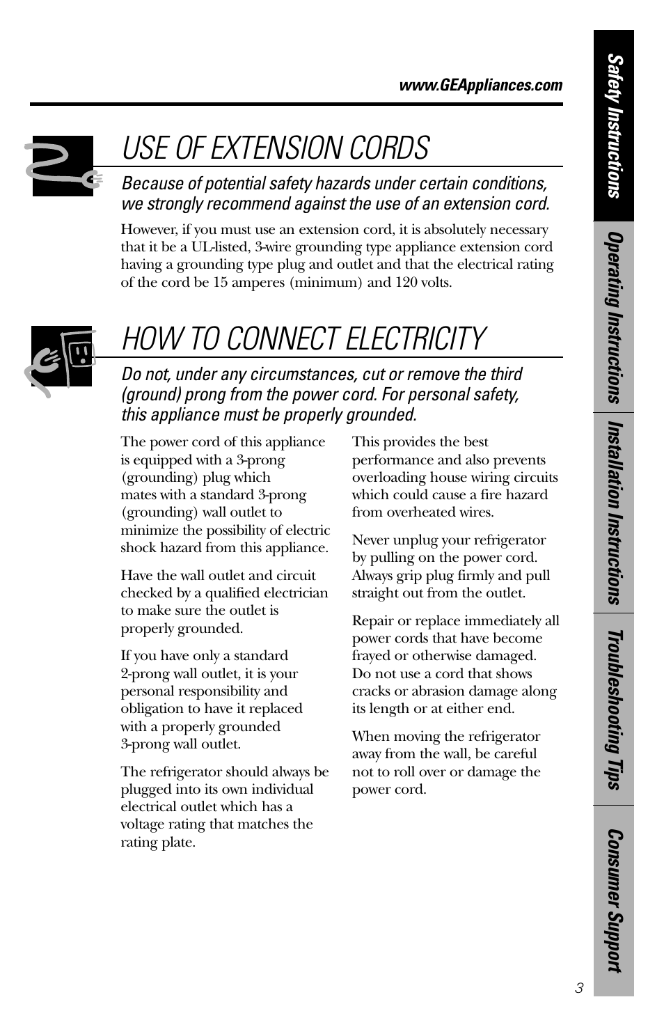 Use of extension cords, How to connect electricity | GE 2 Cubic Foot User Manual | Page 3 / 16