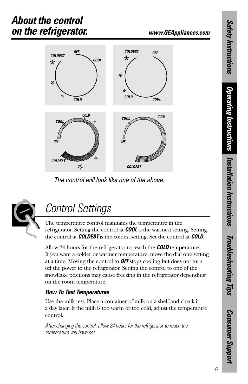 Control settings, About the control on the refrigerator | GE 2 Cubic Foot User Manual | Page 5 / 16