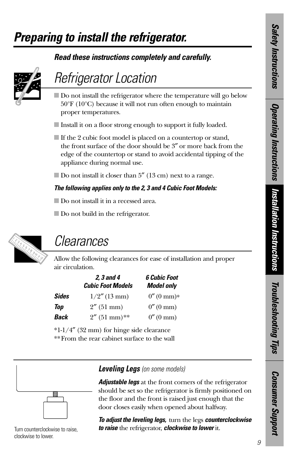 Installation instructions, Refrigerator location, Clearances | Preparing to install the refrigerator | GE 2 Cubic Foot User Manual | Page 9 / 16