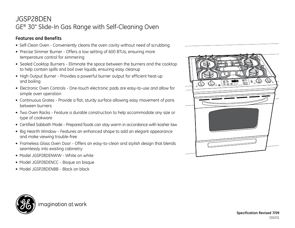 Jgsp28den, 30" slide-in gas range with self-cleaning oven, Jgsp28denwwccbb | GE Profile JGSP28DENWW User Manual | Page 2 / 2