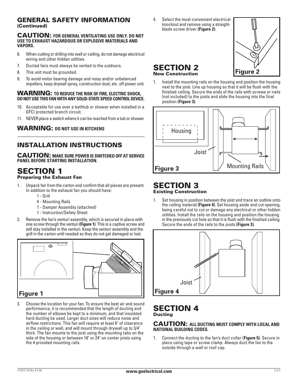 General safety information, Caution, Warning | Installation instructions caution, Figure 2, Figure 1 figure 3, Figure 4 | GE BF150 User Manual | Page 2 / 4
