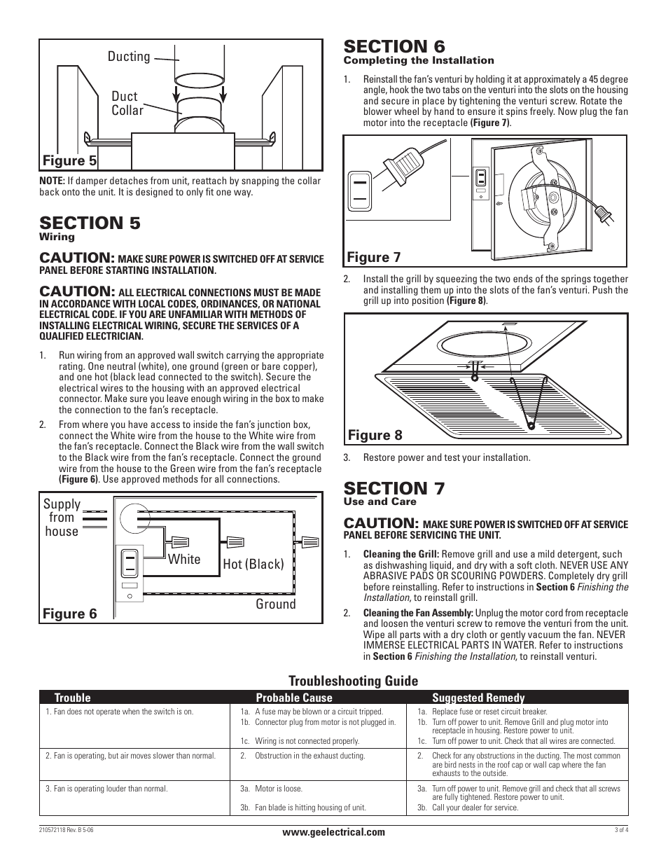 Caution, Figure 6, Troubleshooting guide | Figure 5 figure 7 figure 8, Ground hot (black) supply from house white, Ducting duct collar | GE BF150 User Manual | Page 3 / 4