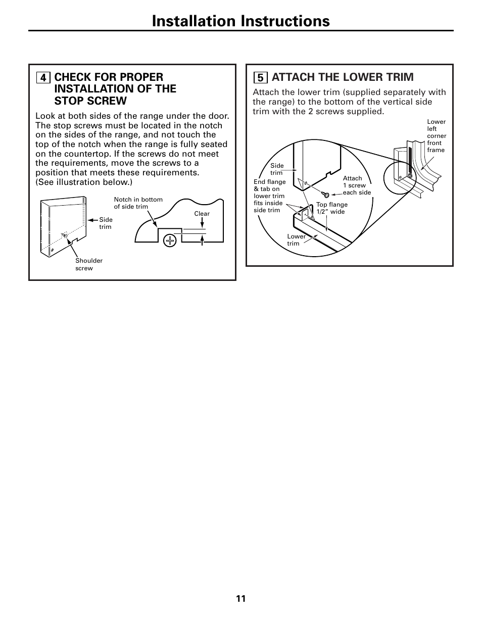 Installation instructions, Attach the lower trim, 5check for proper installation of the stop screw | GE 131-10595-2 1-07 JR User Manual | Page 11 / 16