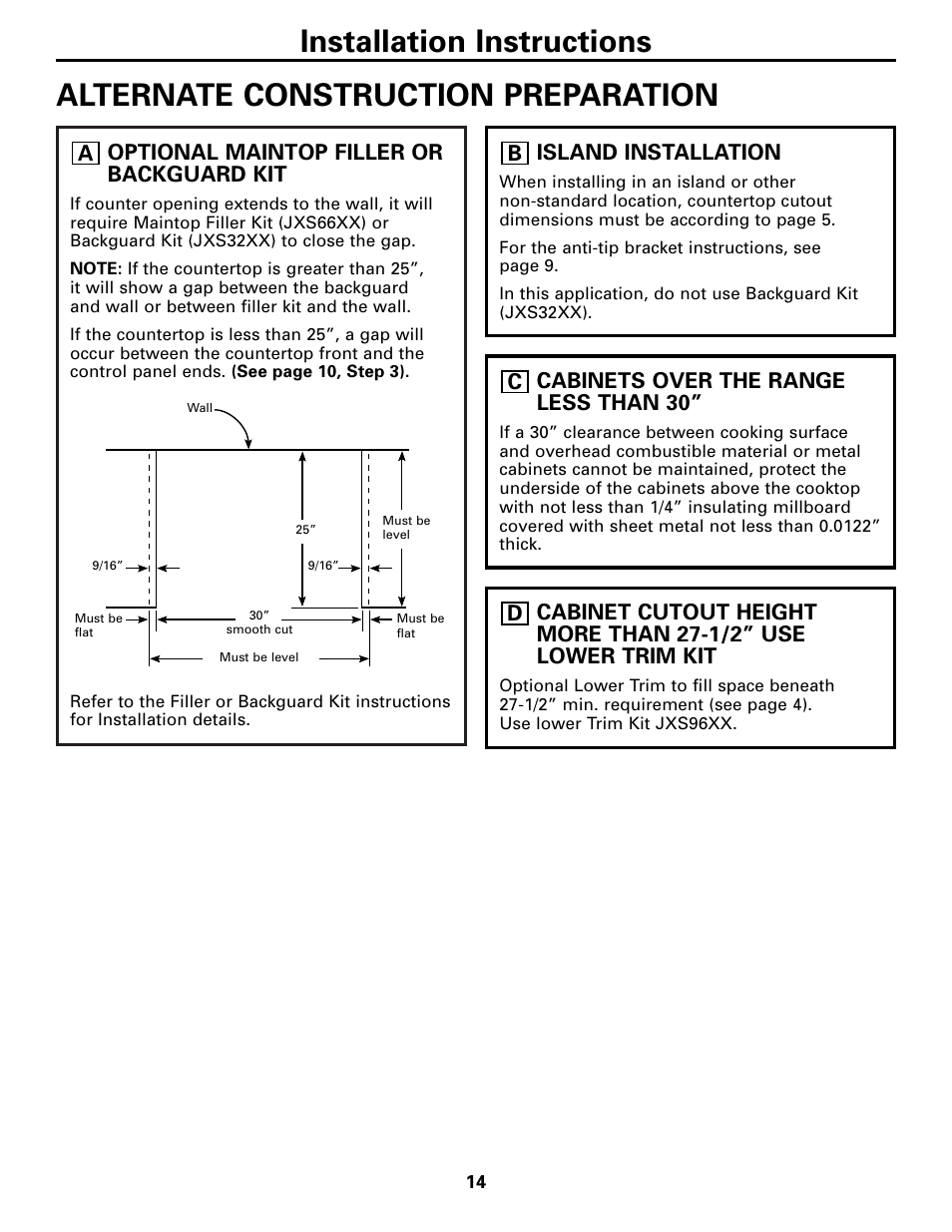 Alternate construction preparation, Installation instructions, Optional maintop filler or backguard kit | Aisland installation, Bcabinets over the range less than 30 | GE 131-10595-2 1-07 JR User Manual | Page 14 / 16