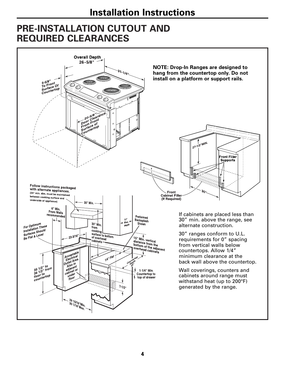 Pre-installation cutout and required clearances, Installation instructions | GE 131-10595-2 1-07 JR User Manual | Page 4 / 16