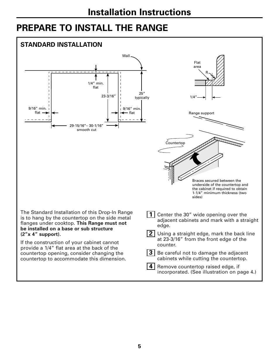 Prepare to install the range, Installation instructions, Standard installation | GE 131-10595-2 1-07 JR User Manual | Page 5 / 16
