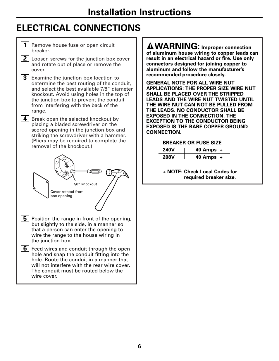 Electrical connections, Installation instructions, Warning | GE 131-10595-2 1-07 JR User Manual | Page 6 / 16
