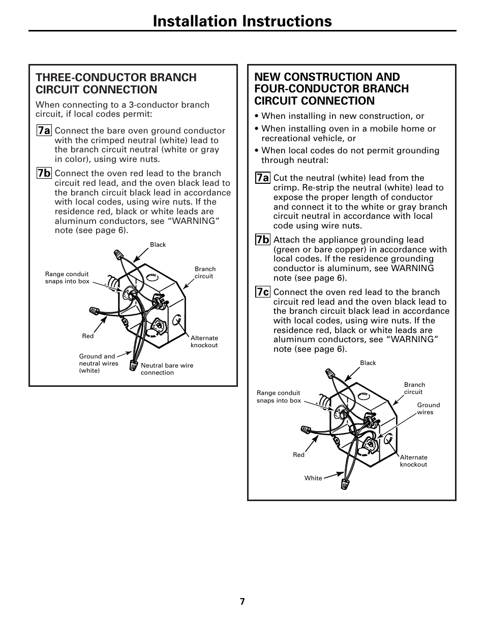 Installation instructions, Three-conductor branch circuit connection, 7b 7a | GE 131-10595-2 1-07 JR User Manual | Page 7 / 16