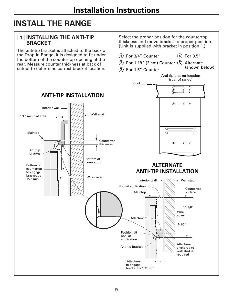Install the range, Installation instructions, Installing the anti-tip bracket | GE 131-10595-2 1-07 JR User Manual | Page 9 / 16