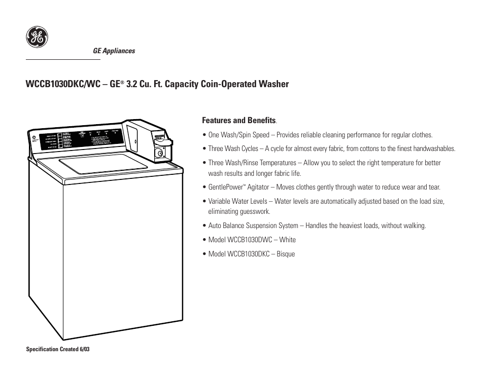 Features and benefits | GE Profile WCCB1030DWC User Manual | Page 2 / 2