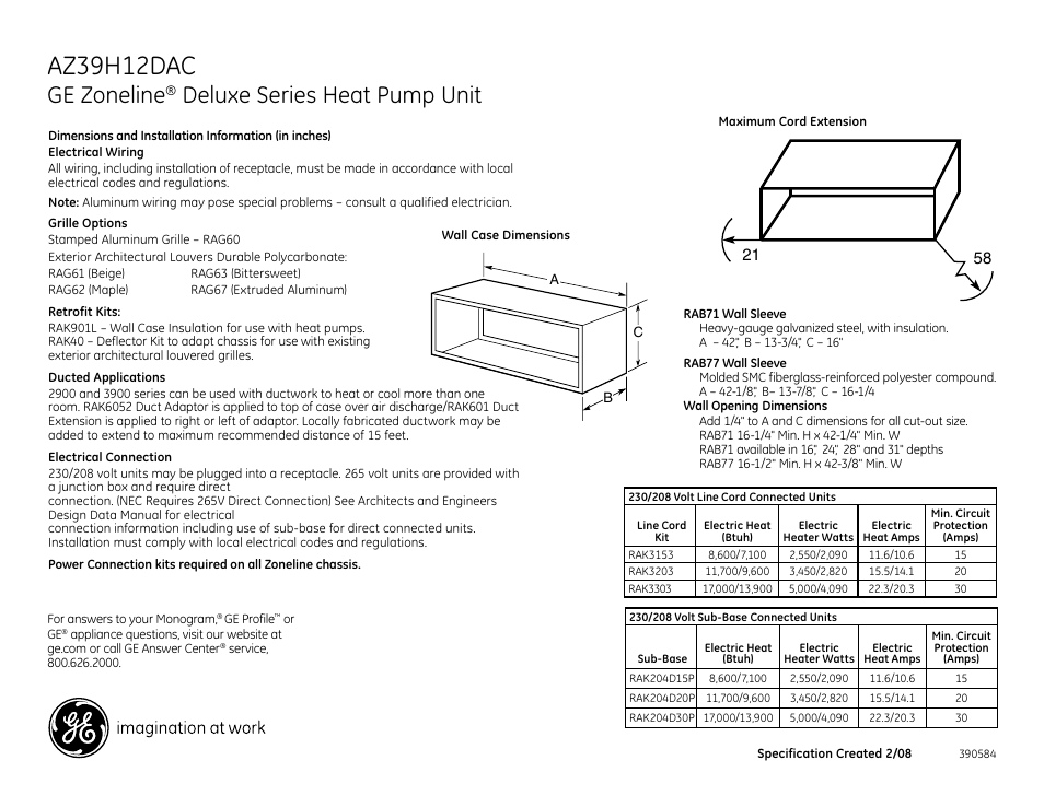 GE Zoneline AZ39H12DAC User Manual | 2 pages