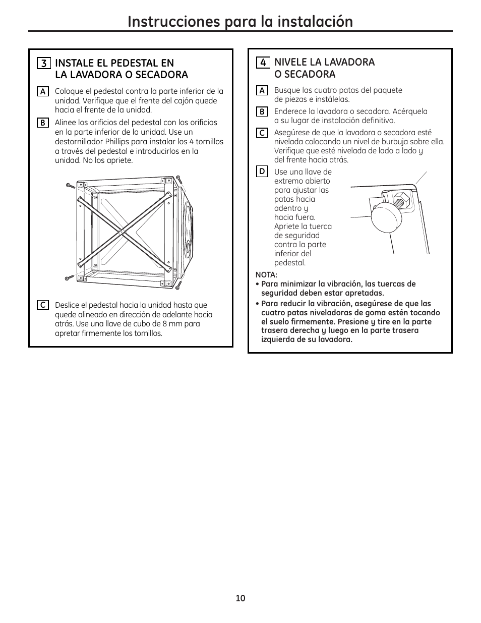 3 instale el pedestal en la lavadora o secadora, 4 nivele la lavadora o secadora, Instrucciones para la instalación | GE DPVH8800GJ User Manual | Page 10 / 12