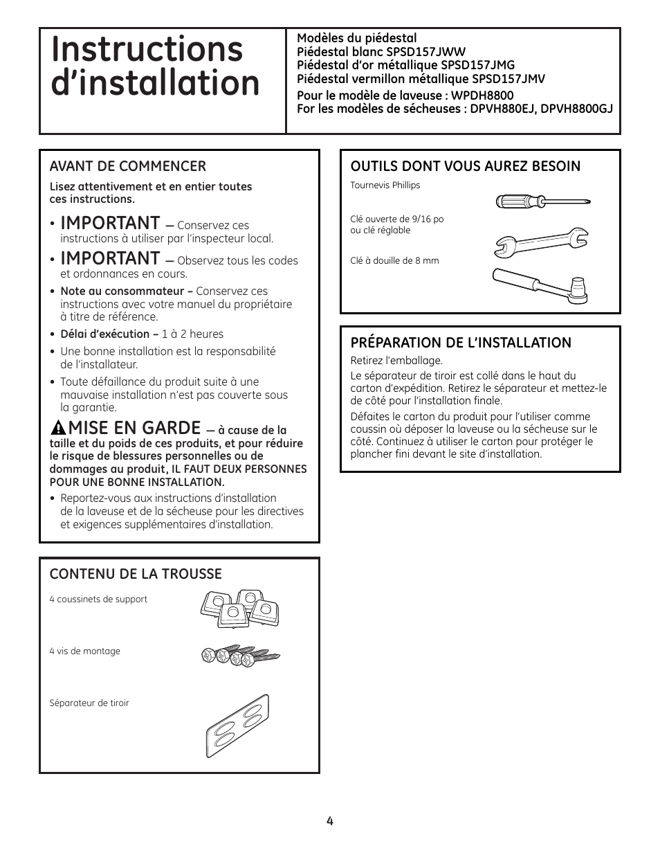 Français, Avant de commencer, Instructions d’installation | Important, Mise en garde | GE DPVH8800GJ User Manual | Page 4 / 12