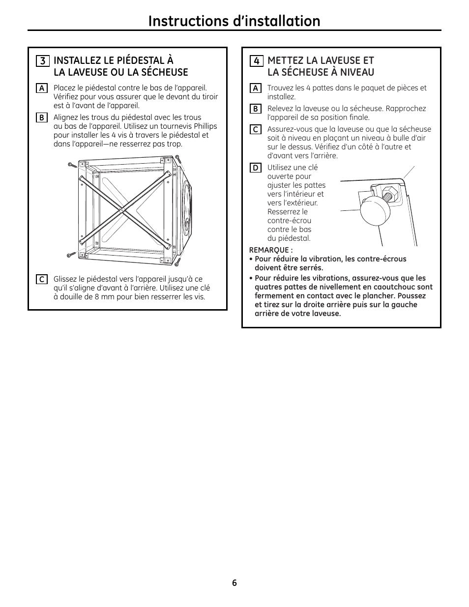 4 mettez la laveuse et la sécheuse à niveau, Instructions d’installation | GE DPVH8800GJ User Manual | Page 6 / 12