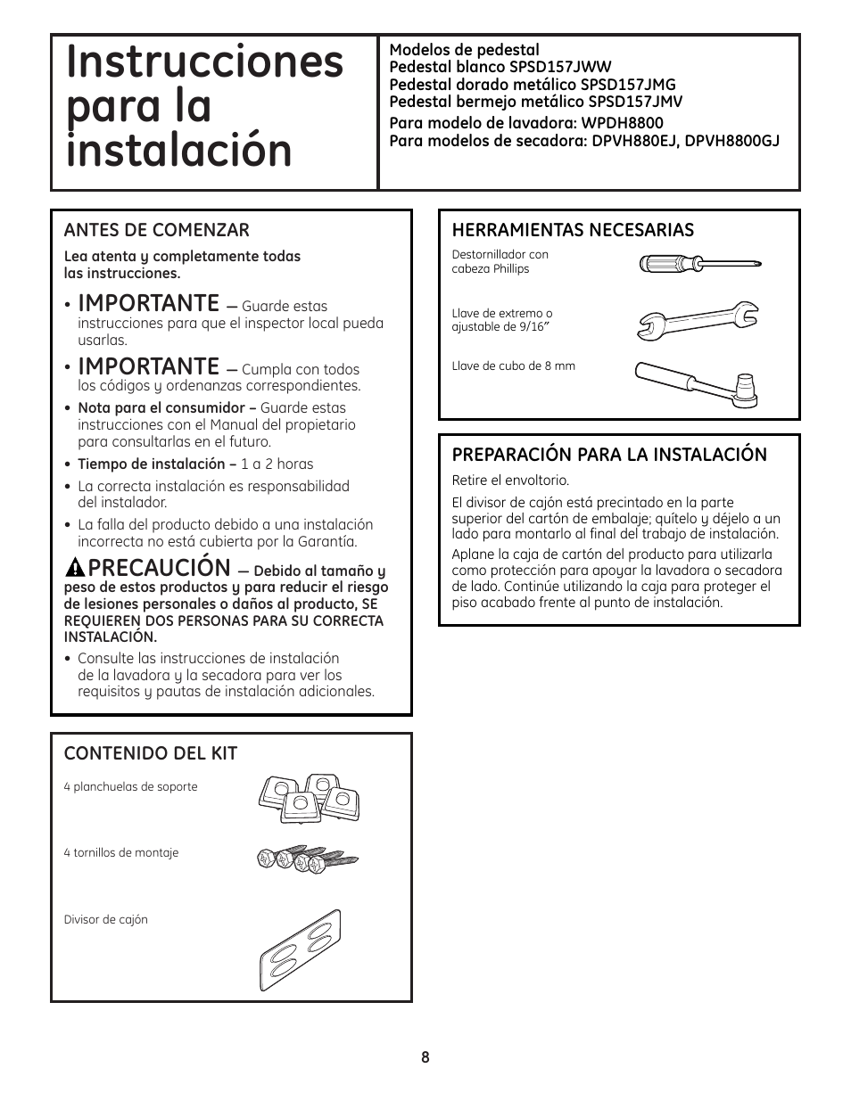 Español, Antes de comenzar, Instrucciones para la instalación | Importante, Precaución | GE DPVH8800GJ User Manual | Page 8 / 12