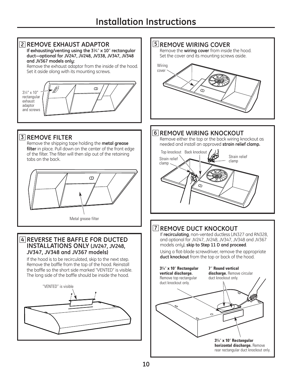 Installation instructions, 10 remove exhaust adaptor, Remove filter | Reverse the baffle for ducted installations only, Remove wiring cover, Remove wiring knockout, Remove duct knockout | GE JV247 User Manual | Page 10 / 16