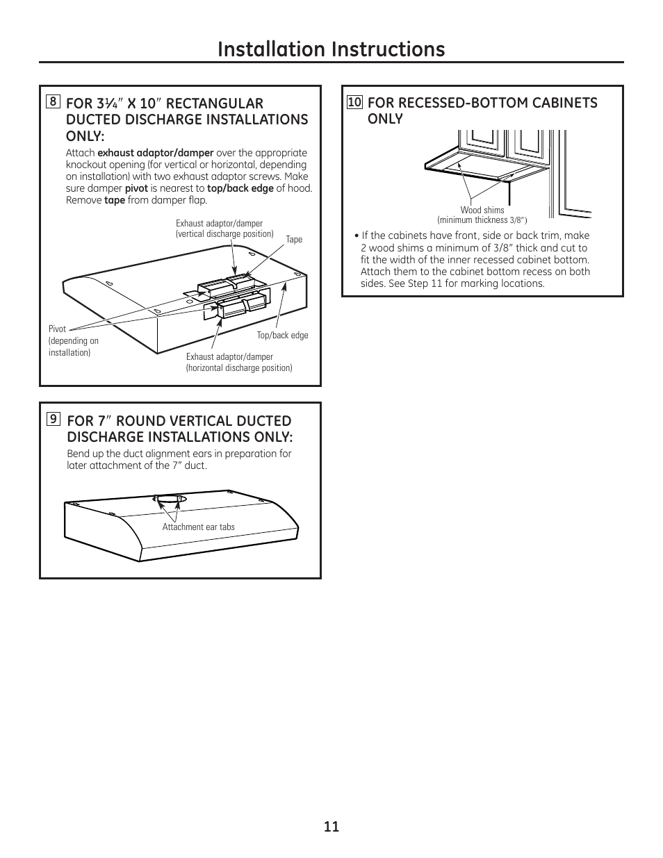 Installation instructions, 11 for 3, For recessed-bottom cabinets only | GE JV247 User Manual | Page 11 / 16